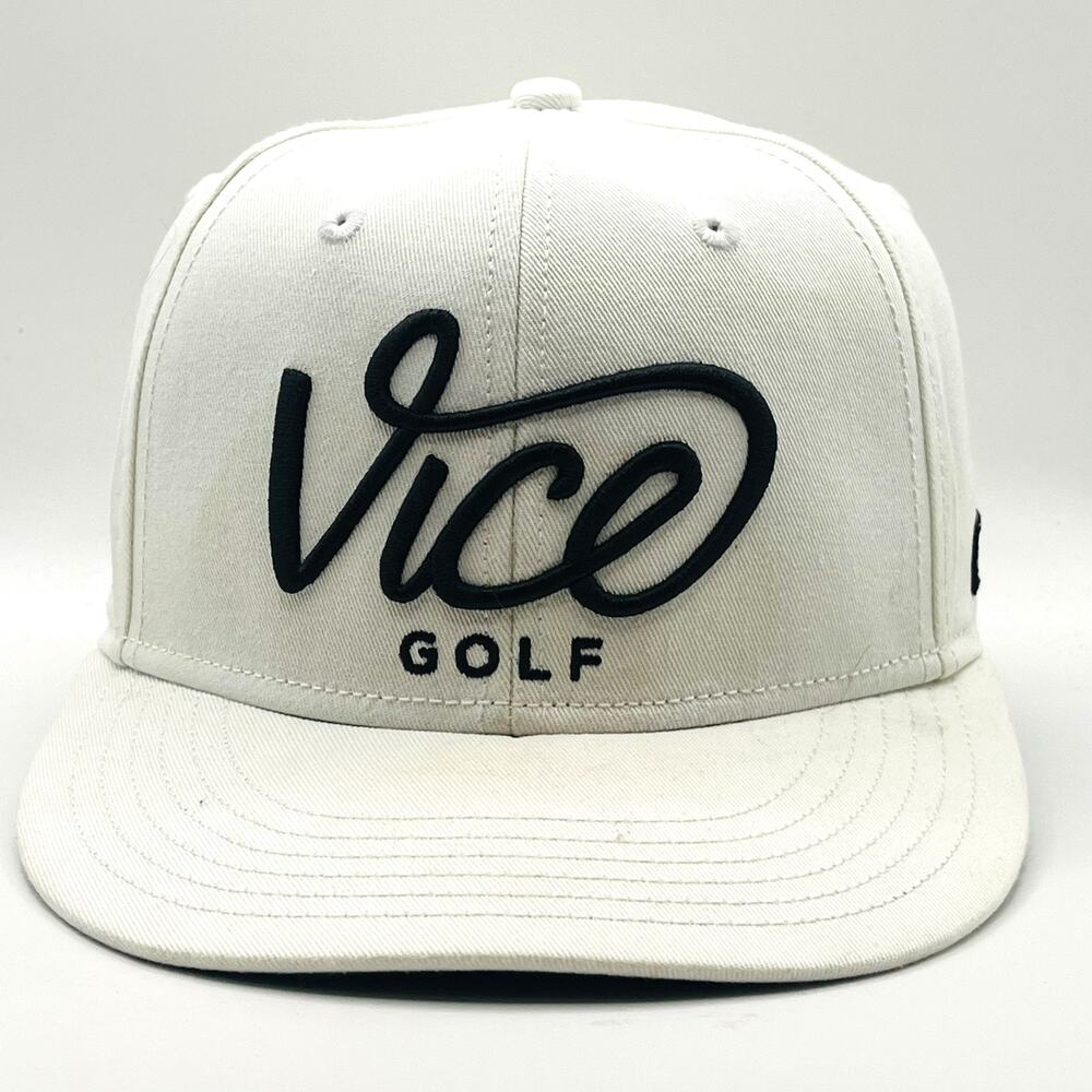 Vice Golf Crew Cap Men White Flat Bill Embroidered Script Logo SnapBack Hat OSFM